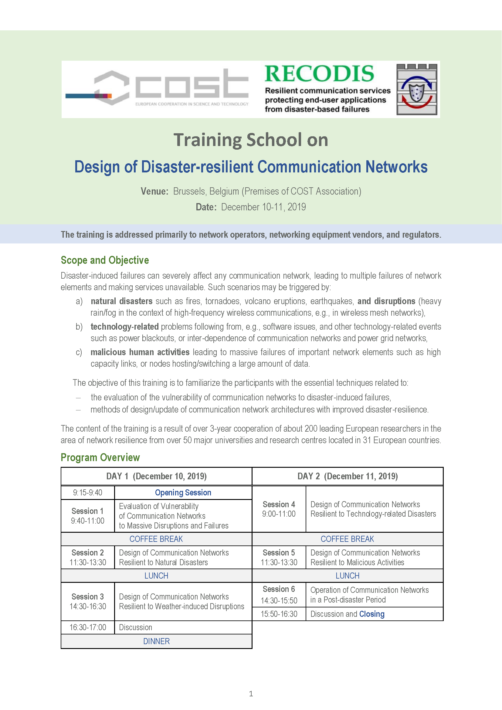 RECODIS Training on Design of Disaster resilient Communication Networks